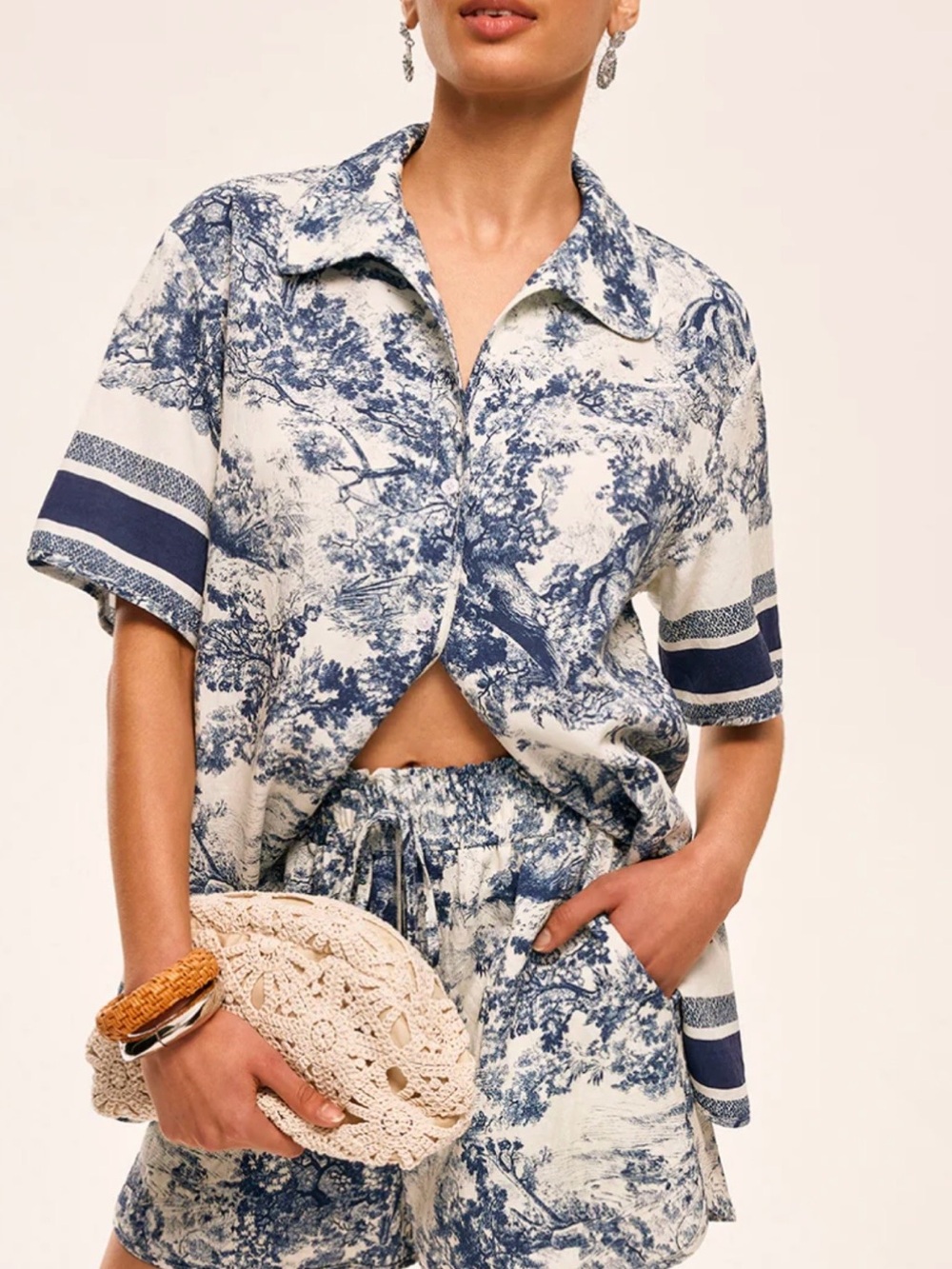 Commense Blue Toile Print Short Set - Button Front Shirt & Shorts - size Medium - Picture 6 of 16